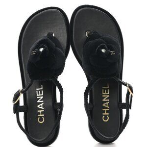 BRAND NEW Chanel Black Velvet Camellia and Pearl Sandals 39.5